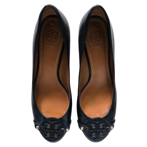 TORY BURCH Women's Mini Miller Black Wedge Leather Logo Pump 9.5 Stacked Heel - Picture 1 of 5
